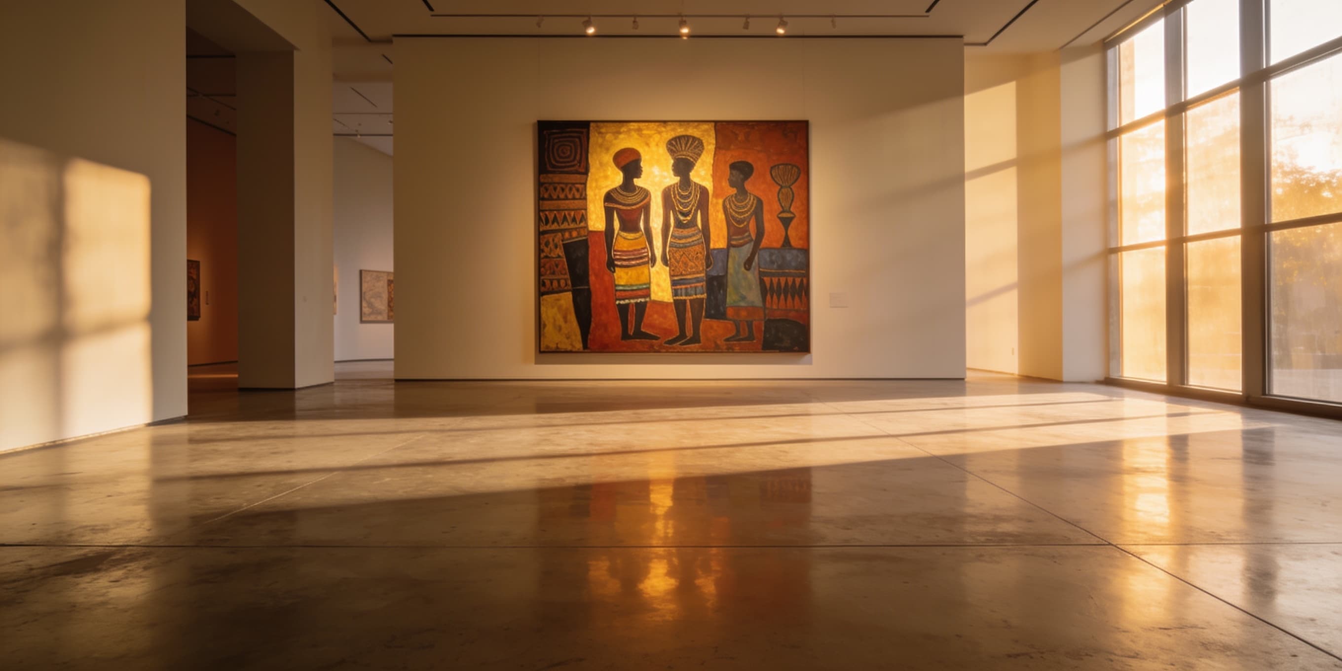 Une œuvre d'art ouest-africaine exposée dans une galerie baignée de lumière